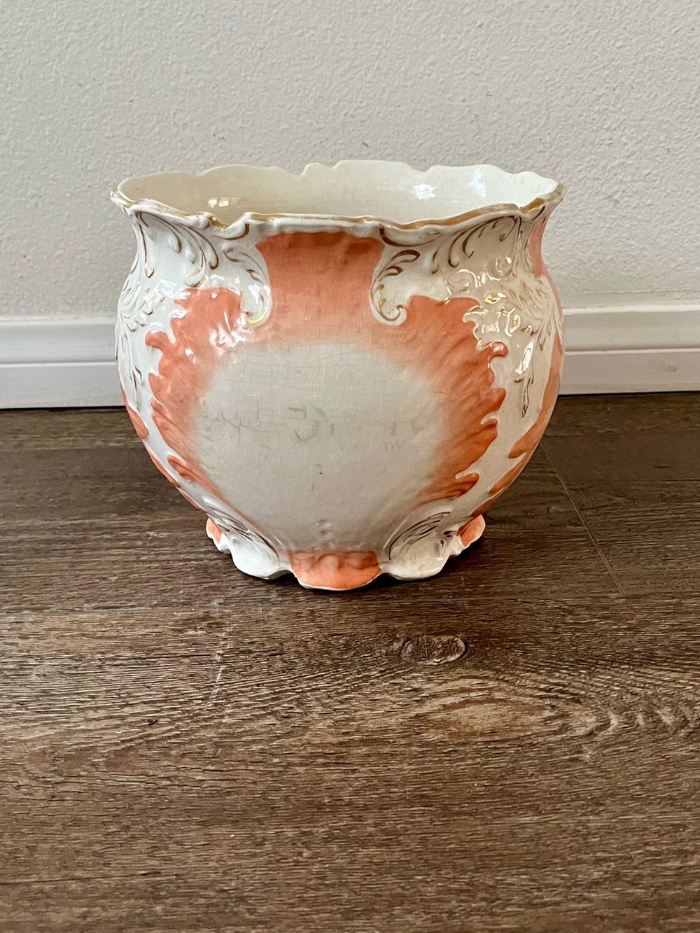 Ornate Coral and Cream Decorative Ceramic Planter from Germany - Picture 10 of 10